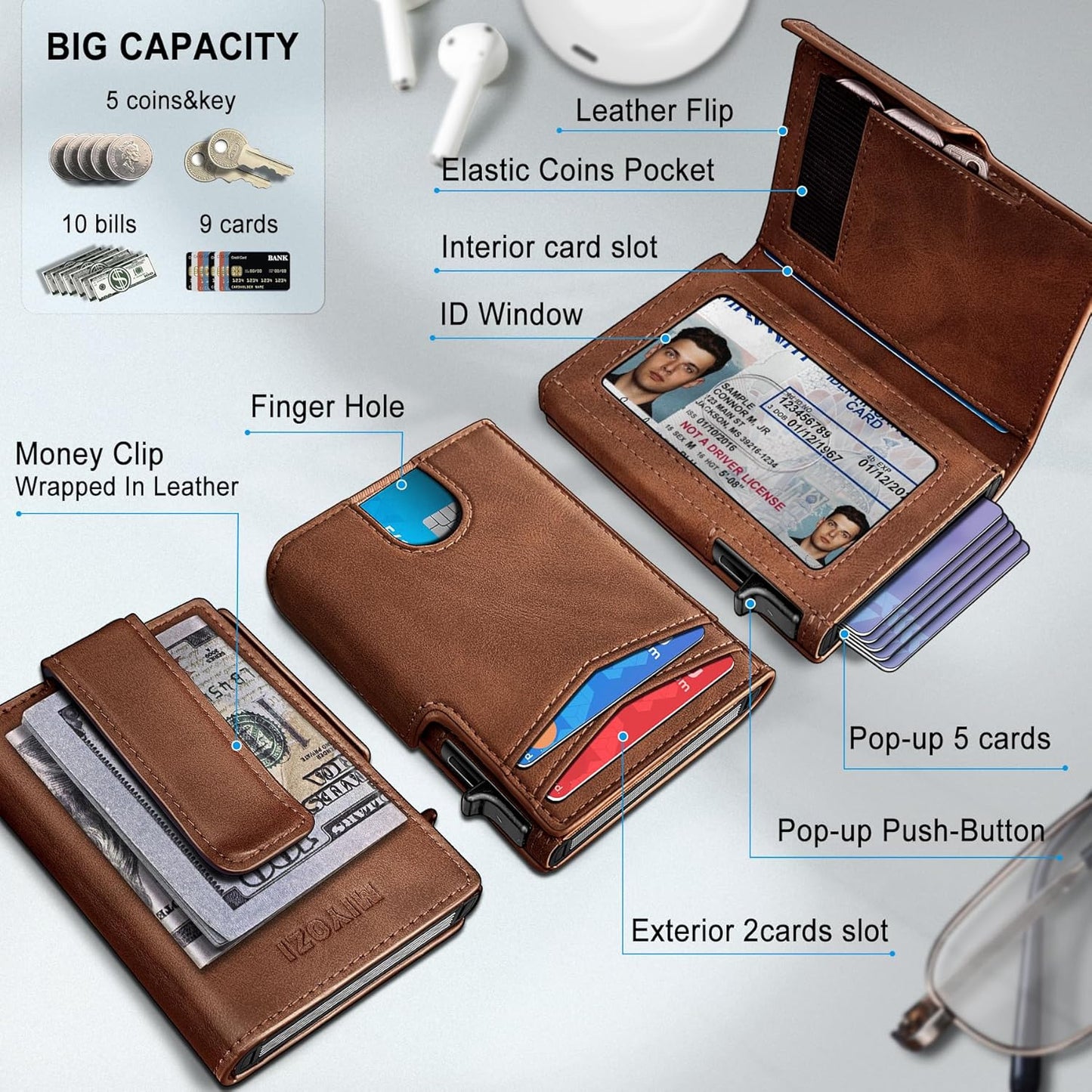 Wallet for Men with Money Clip Coins Pocket ID Window Gift Boxed,Slim Smart Front Pocket RFID Blocking Wallet Pop-up Card Holder in Magnetic Leather Flip 3.9"x 2.7"