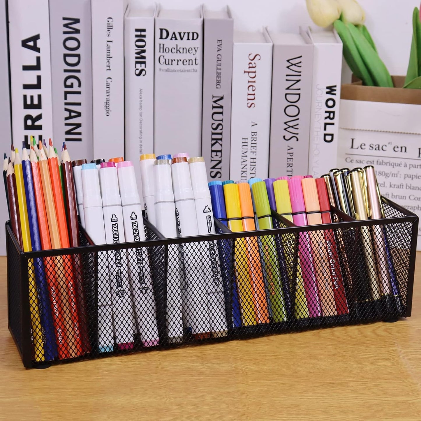 2PCS Black Mesh Pen Pencil Holder, Small Metal Desk Organizer Desktop Stationery Office Supplies Acessories Storage Stand, 6 Compartments Brushes Holder for Home School Classroom Teachers