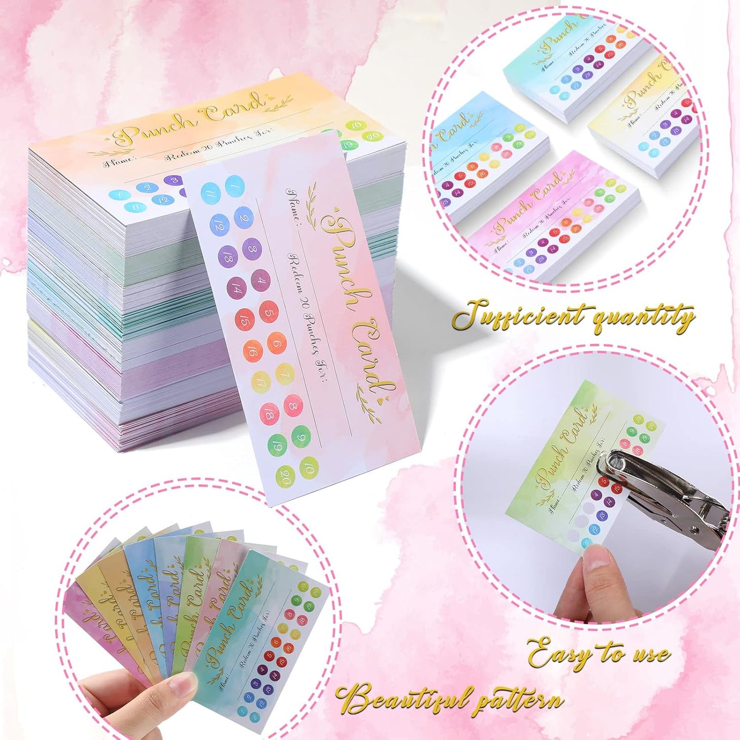 Fumete 400 Pcs Punch Cards for Classroom Reward Cards Behavior Incentive Loyalty Awards for Kids Students Teachers School Business, 8 Styles, 3.5 x 2 in(20 Watercolor Punches Style)