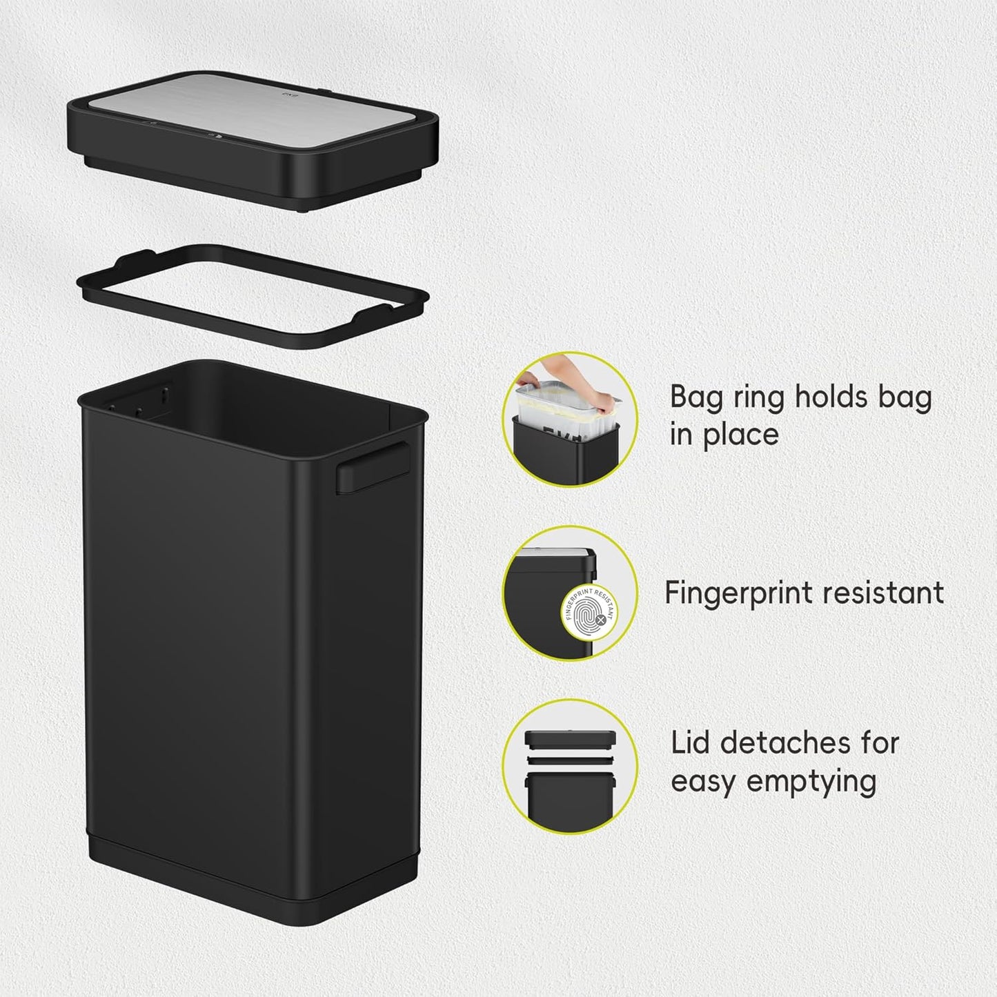 EKO Deluxe Mirage-T 50 Liter / 13.2 Gallon Touchless Rectangular Motion Sensor Trash Can, Matte Black Stainless Steel Finish