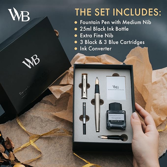 Wordsworth & Black Fountain Pen Set,18K Gilded Medium and Extra Fine Nib,25ML Black Ink Bottle,6 Ink Cartridges,Refill Converter,Gift Box,Smooth Writing Pen [Silver Chrome],Gift Set for Men and Women