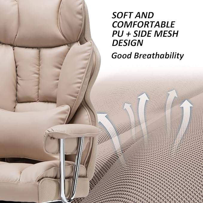 Efomao Big and Tall Office Chair 400lbs – PU Leather Executive Office Chair with Lumbar Support & Leg Rest, Heavy-Duty Computer Chair for Home Office, Dark Beige