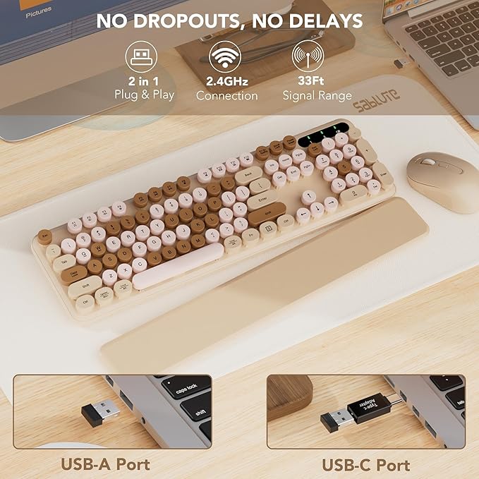 Wireless Keyboard and Mouse Combo, Round Keycaps, Full-Size Retro Typewriter Keyboard with Detachable Wrist Rest, Sleep Mode & Tilt Legs, 2.4GHz Cordless Connection for Mac/Windows/PC (Latte)