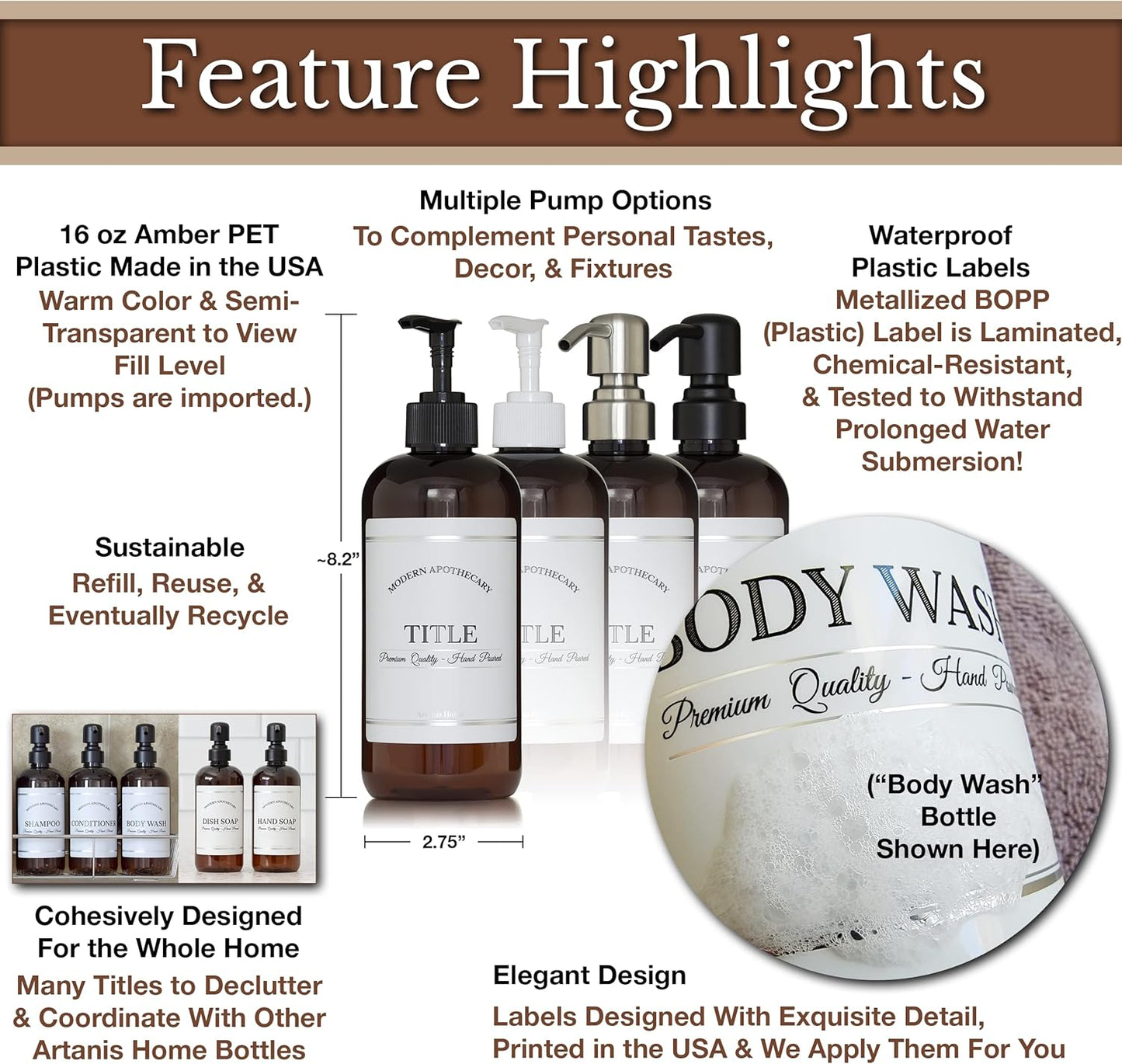 Amber PET Plastic Refillable Hand Sanitizer Pump Bottle Dispenser with White Plastic Pump, 16 oz with Waterproof Labels, Empty Reusable Container for Home, Kitchen, Bathroom, Office, Business