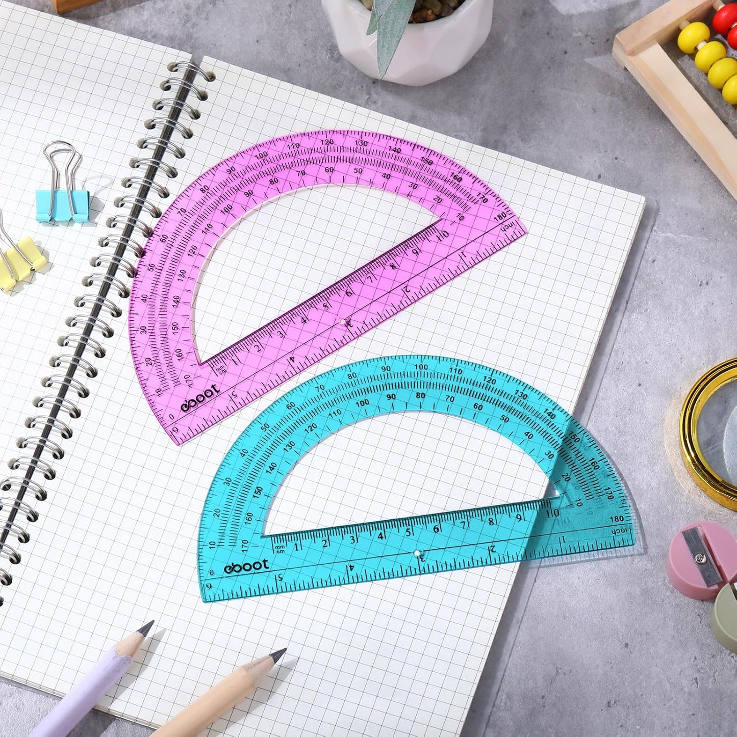 EBOOT 24 Pack Plastic Protractors Math Protractor 180 Degrees 6 Inch (Pink, Blue)