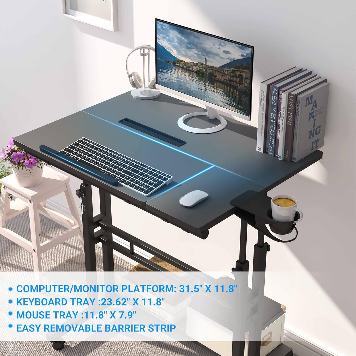 Mobile Standing Desk, Adjustable Rolling Computer Desk with 3 Desktops, Portable Laptop Table with Cup Holder, Home Office Laptop Workstation on Lockable Wheels, Black