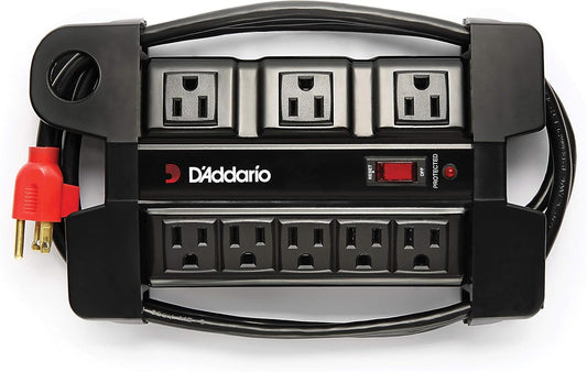 D'Addario Accessories Tour-Grade Power Base - Base Protector - Stage Power Strip with 6 ft Cable - 5 Standard and 3 Transformer- Guitar Amp Outlet - Music Surge Protector with Indicator Light