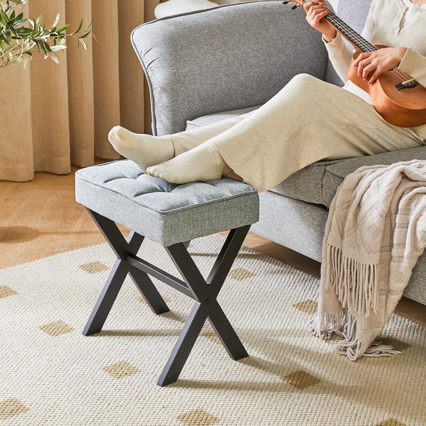 IBUYKE Square Makeup Stool with X-Leg Foot Rest, Linen Footrest, Ottoman Seat, Multi-Use as Small Side Table, for Bedroom, Living Room, Blue Gray LG-70L