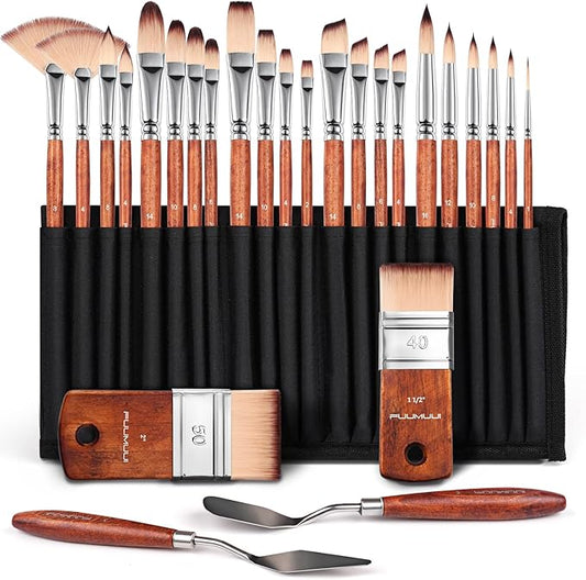26pcs Paint Brush Set, Fuumuui Professional Acrylic Paint Brushes Complete Range of Sizes with Upgraded Short Handle Wide Flat Paintbrush for Acrylic, Oil, Watercolor and Gouache