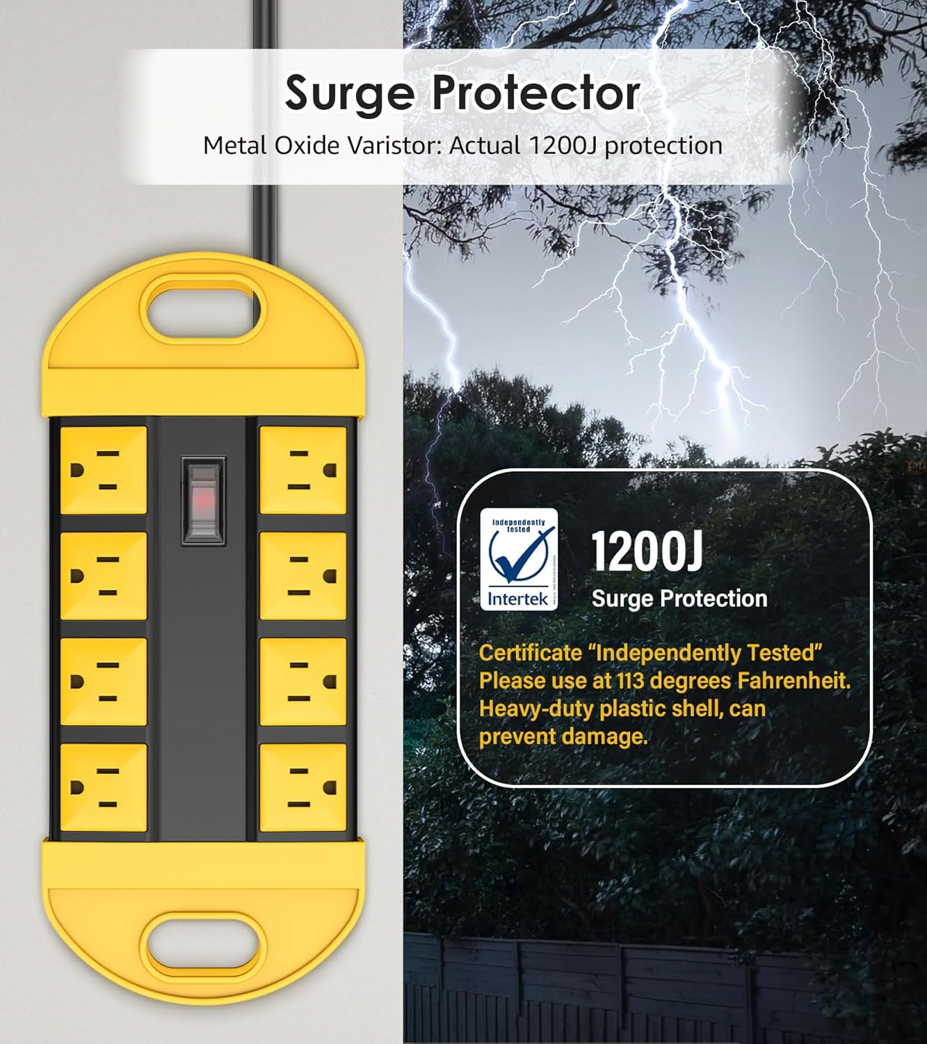 CCCEI 2 Outdoor Power Strips Weatherproof with 8 Plug, Waterproof Extension Cord with Multiple Outlets, Christmas Exterior Garden Yard Surge Protector 6FT, Yellow.