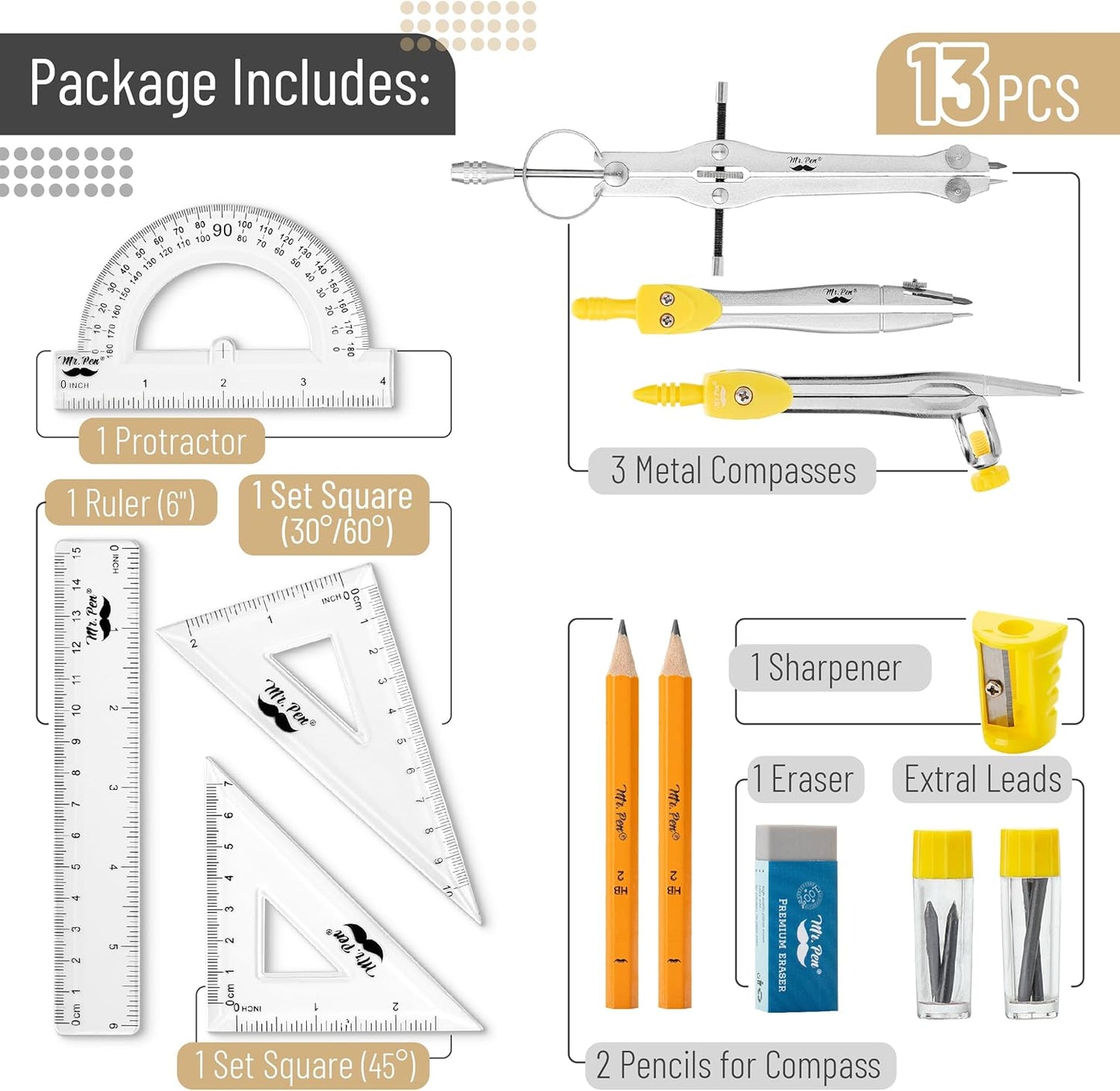 Mr. Pen- Geometry Set, 13 pcs, Compass for Geometry Compass, Geometry Kit Set with Shatterproof Storage Box, Math Compass, Geometry Set for School, Compass Math, Protractor and Compass Set