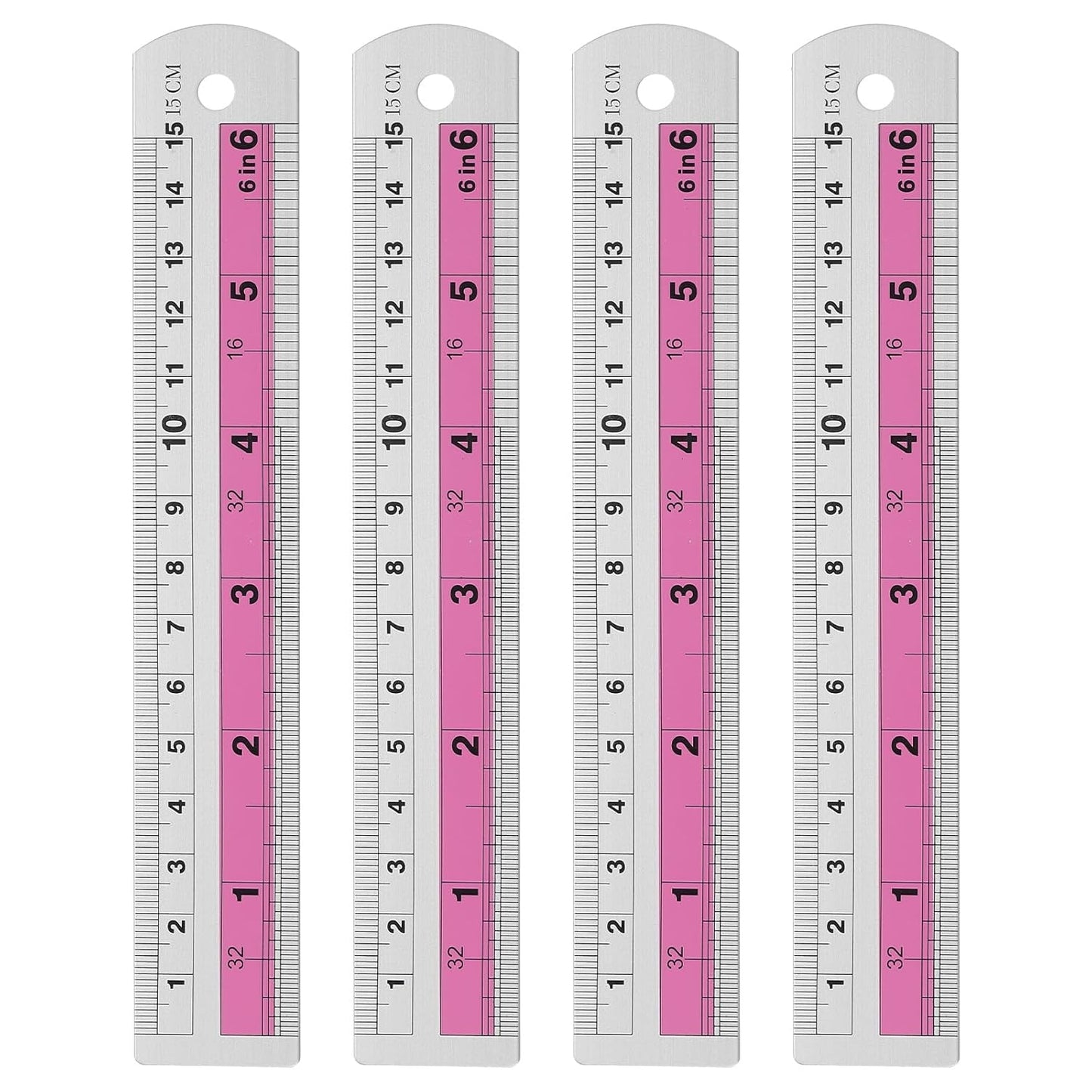 HARFINGTON 4pcs Metal Straight Ruler 15cm Metric SAE Aluminum Alloy Measuring Rulers Scale Tools with Hole for Measure Study Reading Classroom Office, Pink