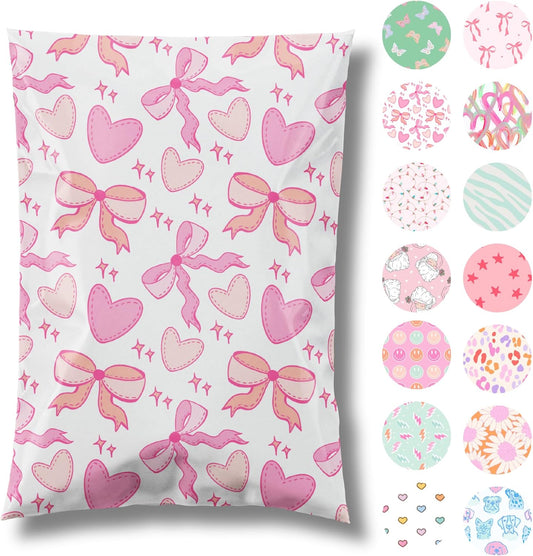 6x9 Designer Poly Mailer 100 Pack Heavy Duty Waterproof Self Seal Shipping Bags for Small Business Large Mailing Envelopes Bulk Tear Resistant Packaging Coquette Bows Hearts