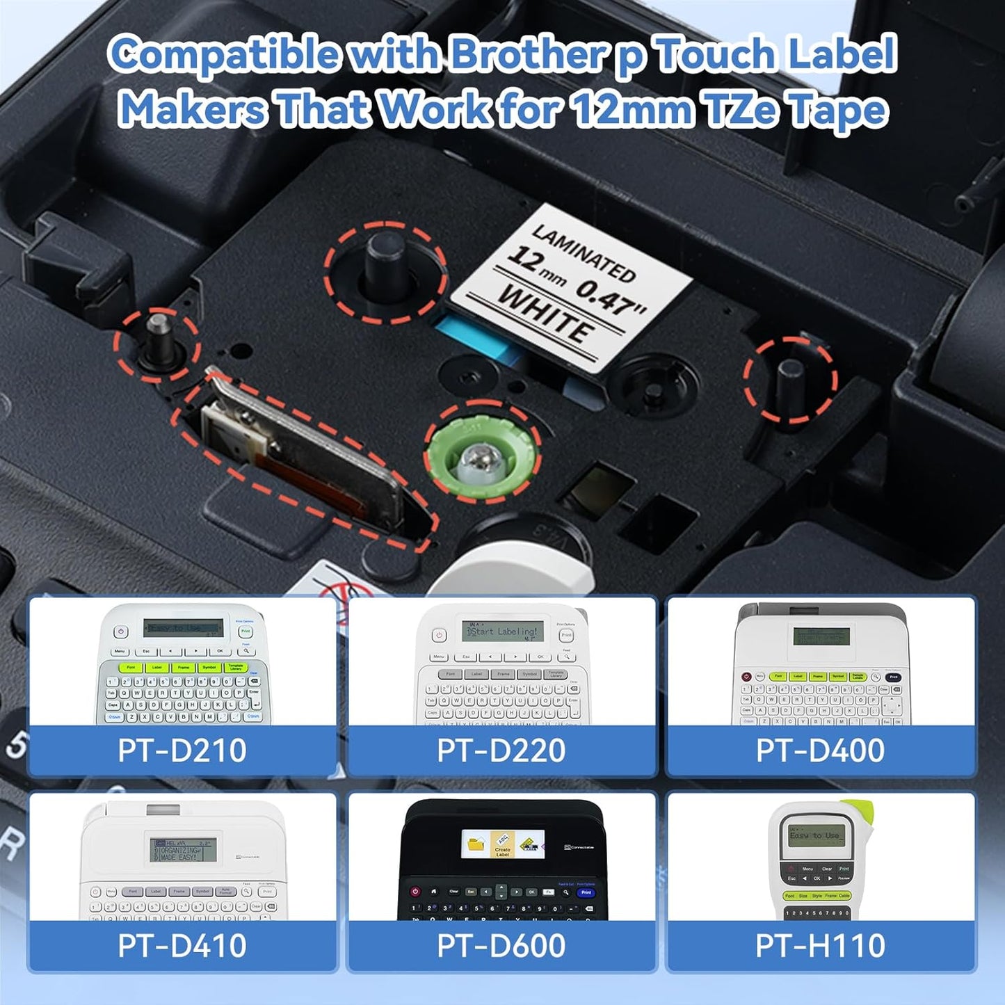 Label Maker Tape Colored Refill Compatible with Brother P-Touch Label Tape TZe 12mm 0.47 Ribbon Laminated TZ Colored Refills TZe-231 for PT-D210 D220 H110 D410 P710BT H111 1070 1880, 6-Pack