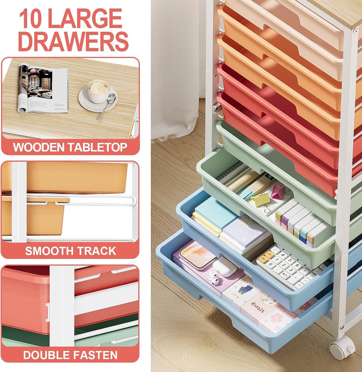 Rolling Cart with Drawers,10 Drawer Rolling Cart,Storage Cart with Wheels,Utility Cart with Drawers,Teacher Cart for Classroom Storage,Craft Cart with Wheels and Wooden Tabletop,Rainbow