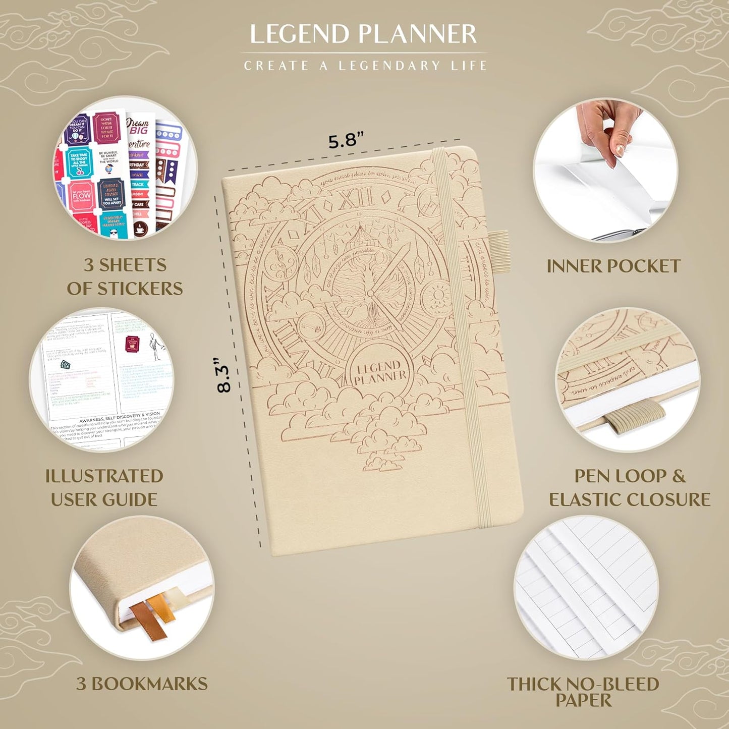 Legend Planner Hourly Schedule Edition – Deluxe Weekly & Daily Organizer with Time Slots. Time Management Appointment Book Journal for Work & Personal Life, Undated, A5 Hardcover – Seashell, Gold Foil