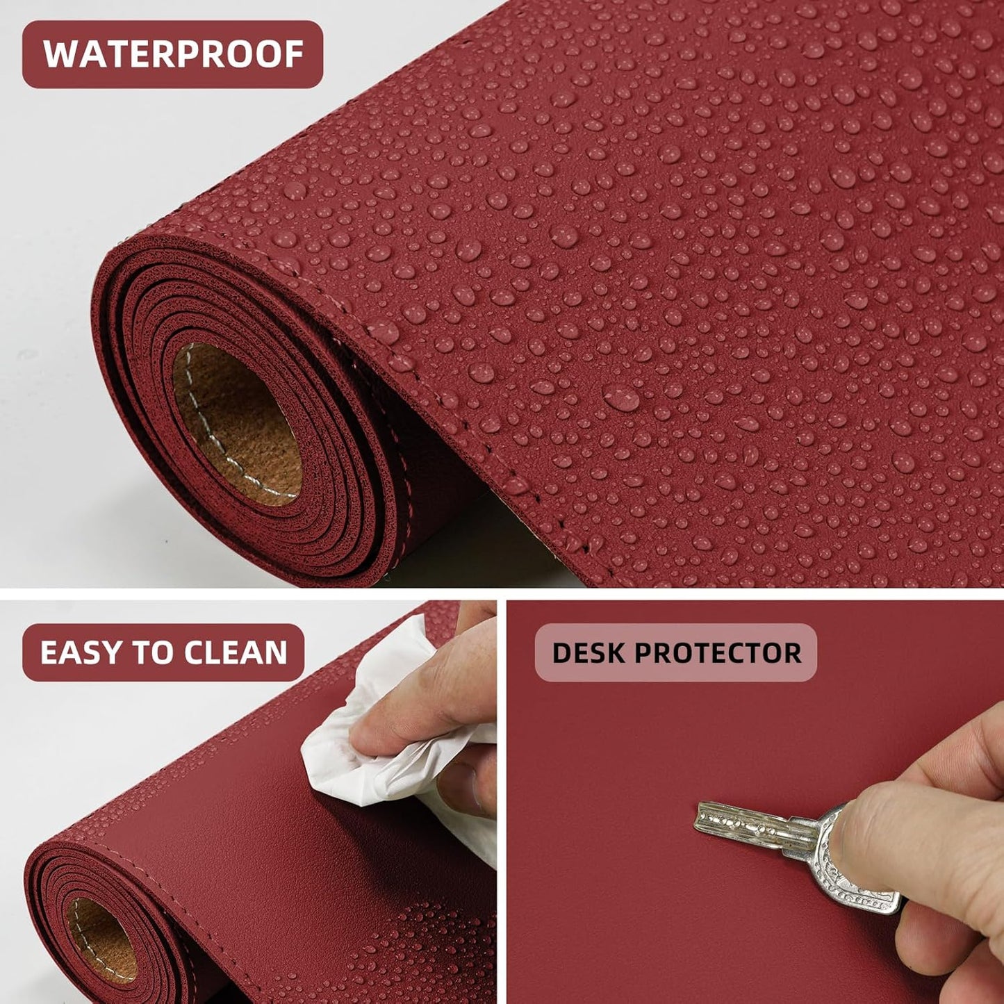 Desk Mat 31.5" x 17" Leather Desk Pad Protector with Natural Cork & PU Leather, Non-Slip Office Desk Mat, Double-Sided Large Mouse Pad, Waterproof Desk Pad for Office&Home (red)