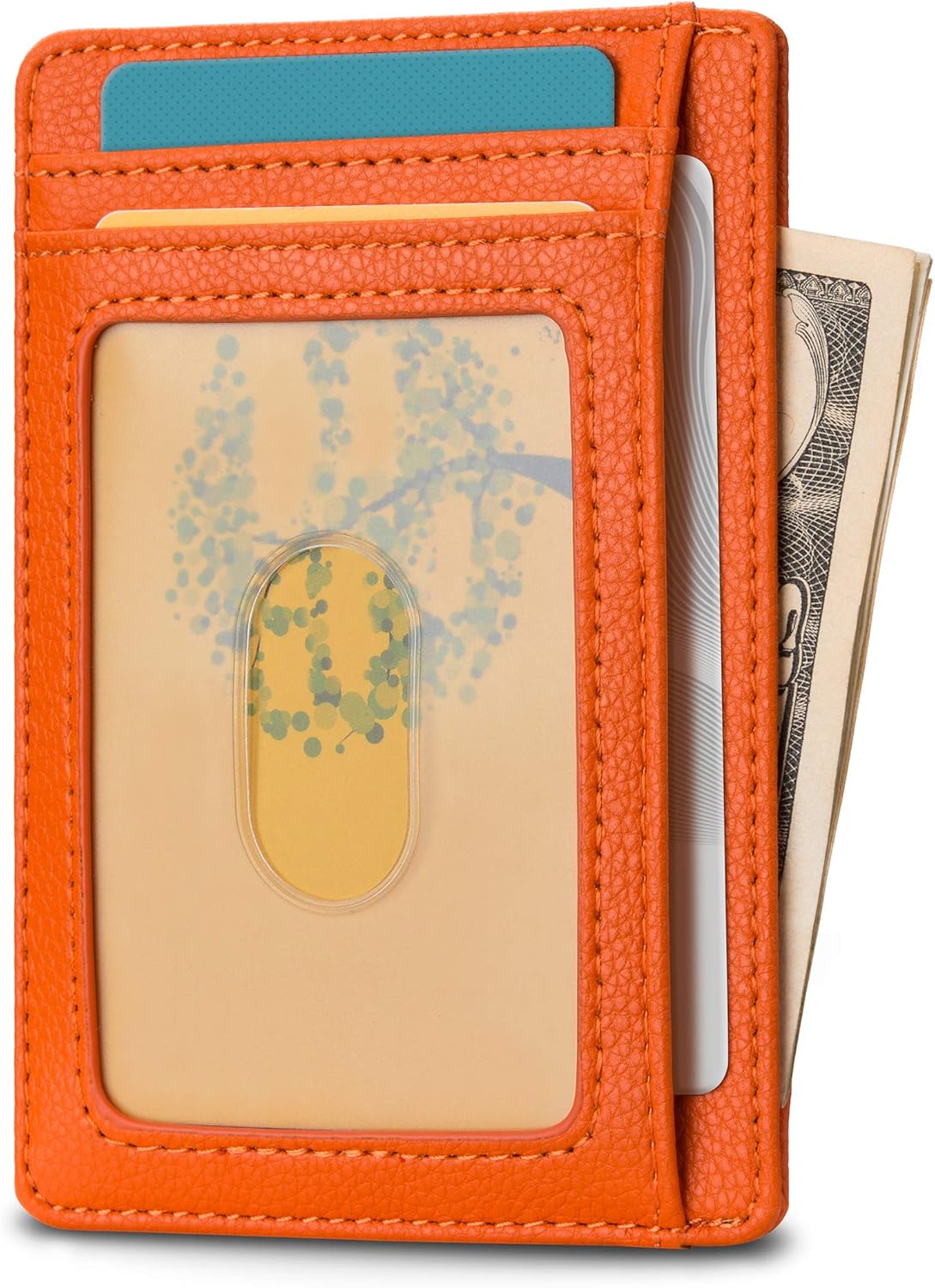 Buffway Slim Minimalist Front Pocket RFID Blocking Leather Wallets for Men and Women - Lichee Orange