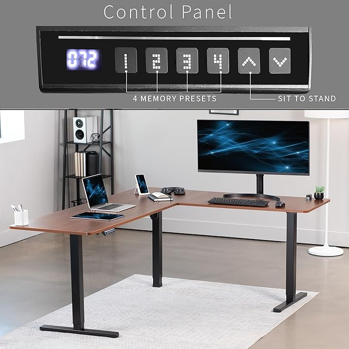VIVO Electric Corner L-Shaped 75 x 63 in Standing Desk, Memory Height Adjustment, Dark Walnut Top Black Frame, DESK-E3CTD-75