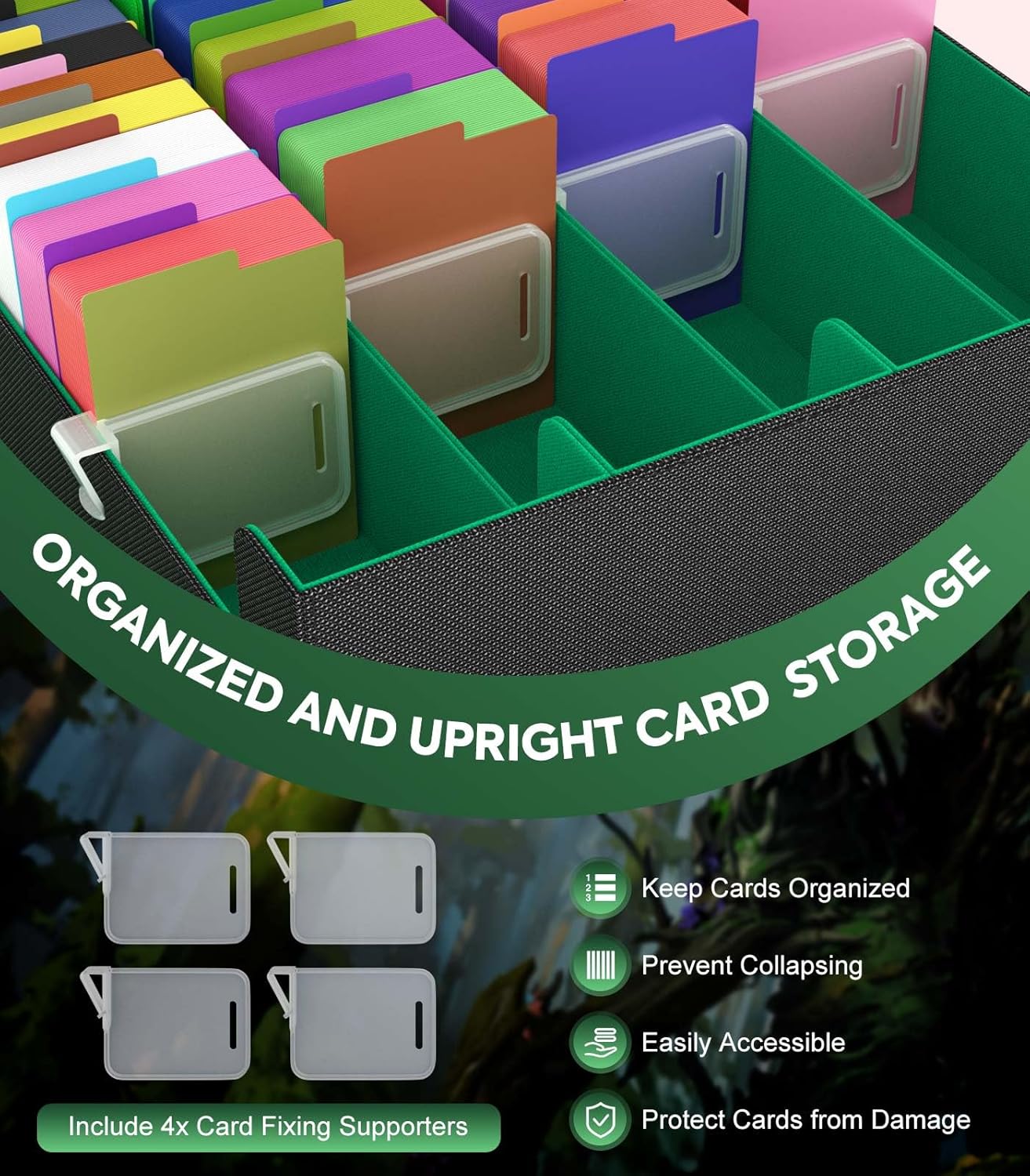 MoKo Trading Card Storage Box, 3000+ MTG Deck Box with 24 Colorful Dividers & 4 Card Supporters, Commander Card Deck Case Fits for Magic Game Cards, YugiOh, TCG, PTG and Sport Cards, Green