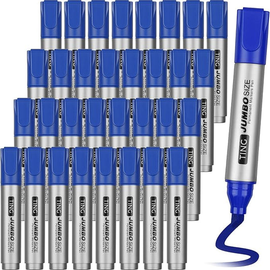 Fuutreo 32 Pcs Jumbo Permanent Markers Bulk Large Chisel Tip Permanent Markers Waterproof Jumbo Pens Quick Drying Office Teacher Supplies(Blue)