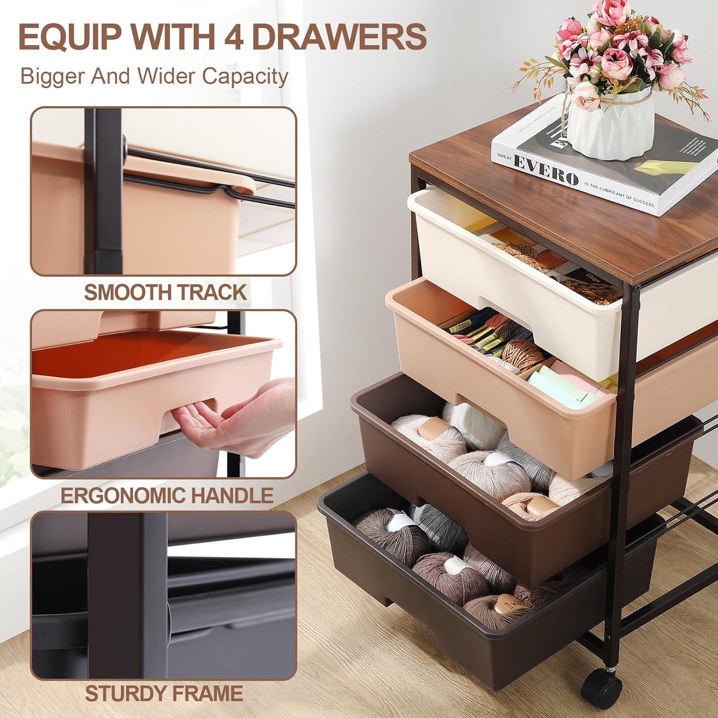 Utility Cart with 4 Drawers,Rolling Storage Cart with Drawers,Storage Rolling Drawer Cart,Brown