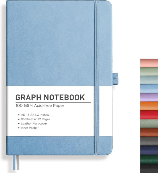RETTACY Graph Grid Paper Notebook, 192 Pages, A5 Medium Size (5.7'' x 8.3''), 5 Squares per Inch, Leather Hardcover, 100 GSM Thick Paper, for School, Students, Math, Engineering (Light Blue)