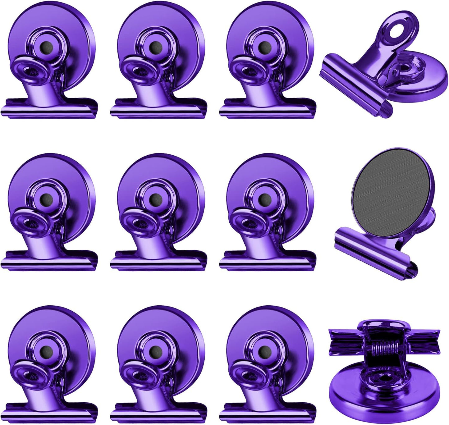 FINDMAG 12 Pack Magnetic Clips for Photo Display and Picture Hanging, Strong Fridge Magnets, Scratch-Free Heavy Duty Magnet Clips for Whiteboard, Kitchen, Office, School, Purple, 30mm Wide.