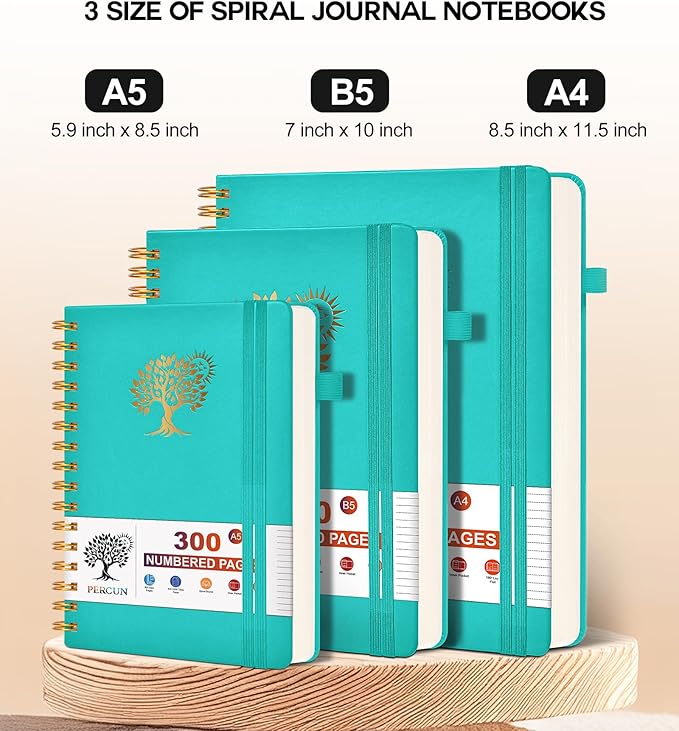 Spiral Notebook Journal for Women Men, 300 Numbered Lined Pages, College Ruled, A5 Hardcover Spiral Bound Notebook for School, Work, Note Taking Writing, Leather Spiral Journal Medium 5.9"x8.5"