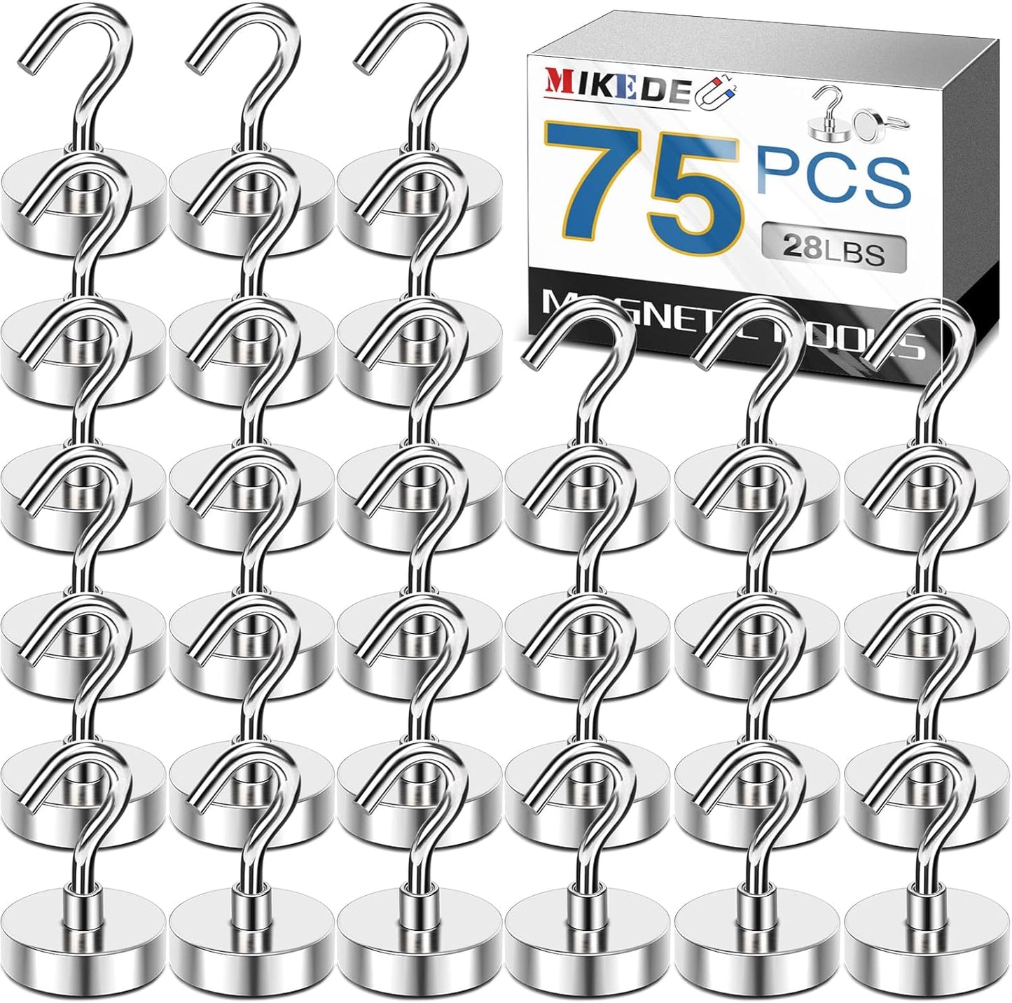 MIKEDE Magnetic Hooks Heavy Duty, 28LB Strong Rare Earth Neodymium Magnets with for Hanging, Hanger Cruise Kitchen, Home, Workplace, Office and Garage, 75 Pack