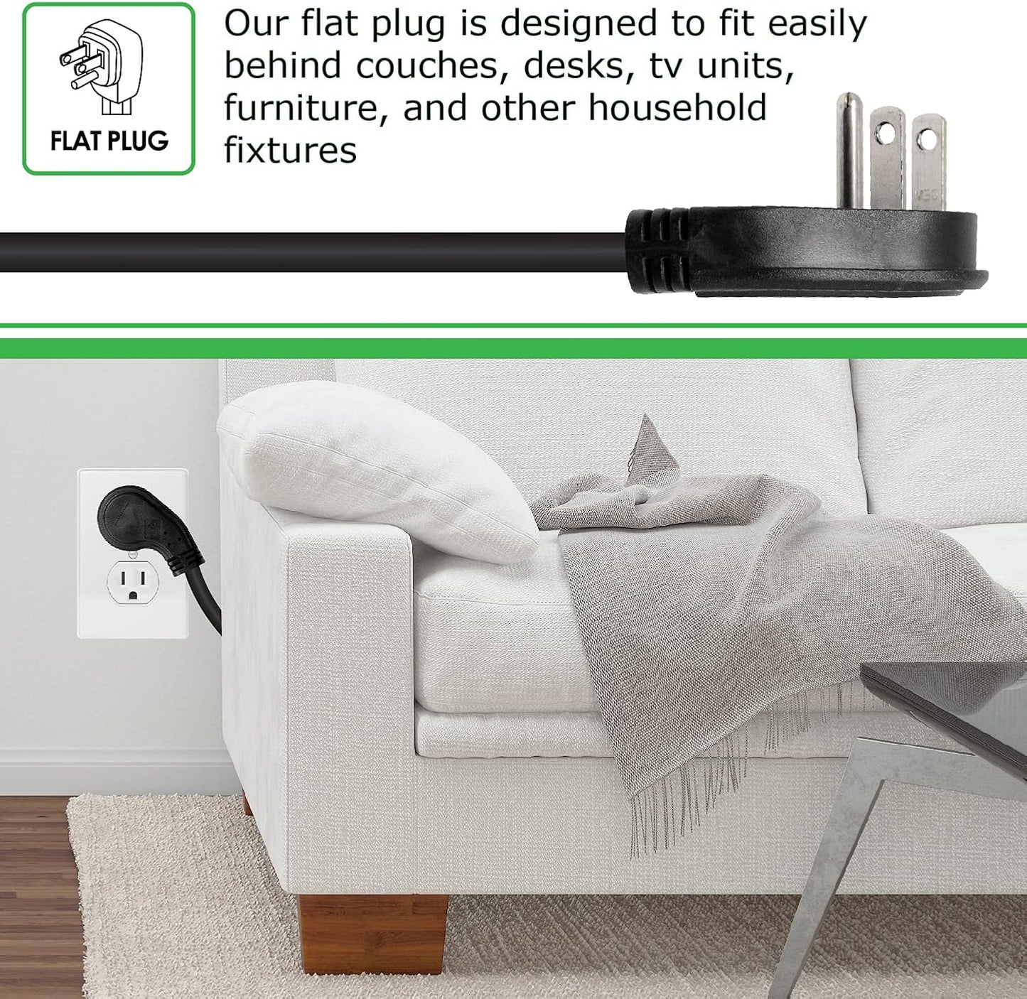 Digital Energy 8 Outlet Surge Protector Power Strip - 15 AMP, 1875 W, 125 V, 350 J Surge Protection, ETL Listed - Flat Plug, Black, 3 FT