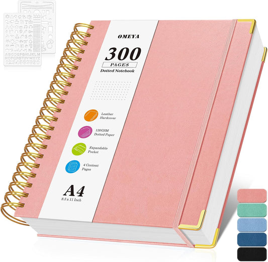 Bullet Dotted Journal Spiral Notebook, 300 Pages Leather Notebooks with Contens, 120 GSM Thick No Bleed Through Paper Journals, A4 Large Dot Grid Notebook for Women Men Work Writing, 8.5" x 11", Pink
