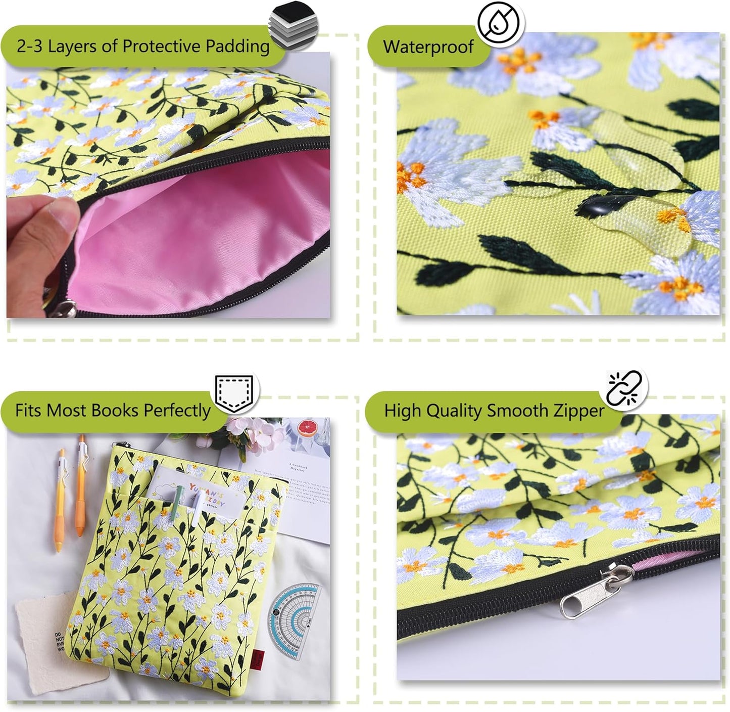 LParkin Daisy Flower Embroidery Book Sleeve with Zipper for Readers Protector Cover Gift for Book Lovers, 11x 8.5 Inch Washable Fabric, Daisy White(White)