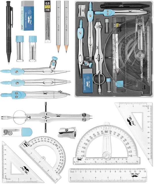 Mr. Pen- Geometry Set, 15 pcs, Light Blue, 6 Inch Swing Arm Protractor, Divider, Set Squares, Ruler, Compasses and Protractor