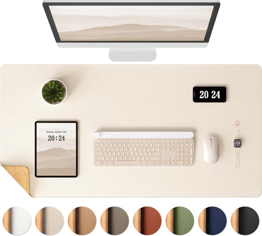 Aothia Dual-Sided Desk Mat - Natural Cork & Leather Desk Protector, Large Mouse Pad & Writing Pad for Office/Home, Beige (37.8"x17")