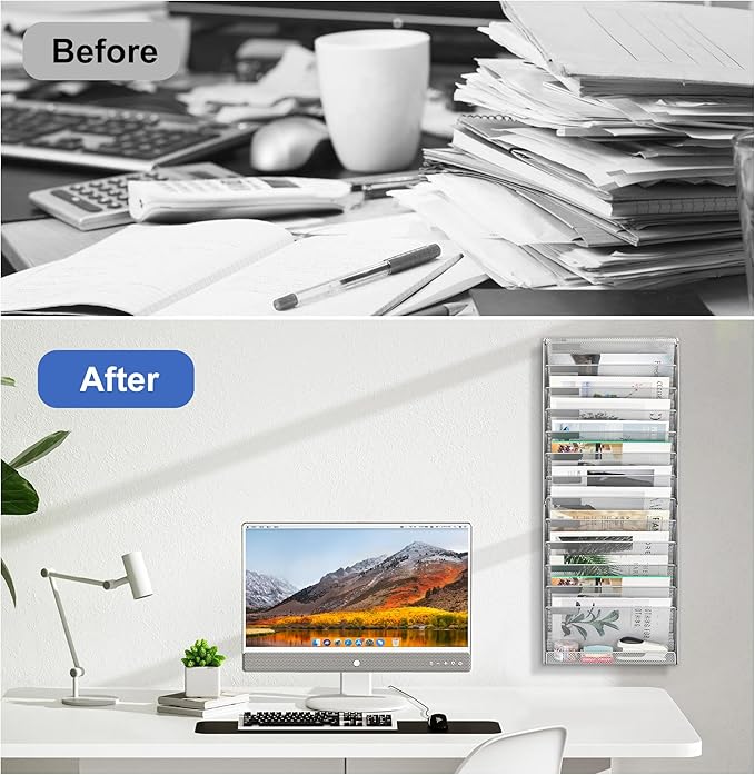 EasyPAG 14 Tier Wall File Holder with Flat Tray, Silver | Easy Assemble Mesh Desk File Organizer | 13-Folder Paper Storage | Replaceable Classify Labels | Space Saving Mail Organizer for Office Home