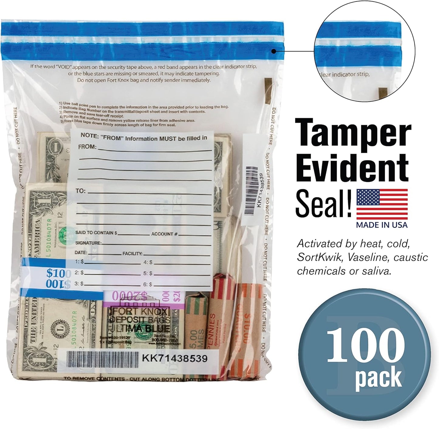 BankSupplies Ultima Blue Tamper-Evident Clear Deposit Bags 9W x 12H Pack of 100 with Advanced Security Detection Features