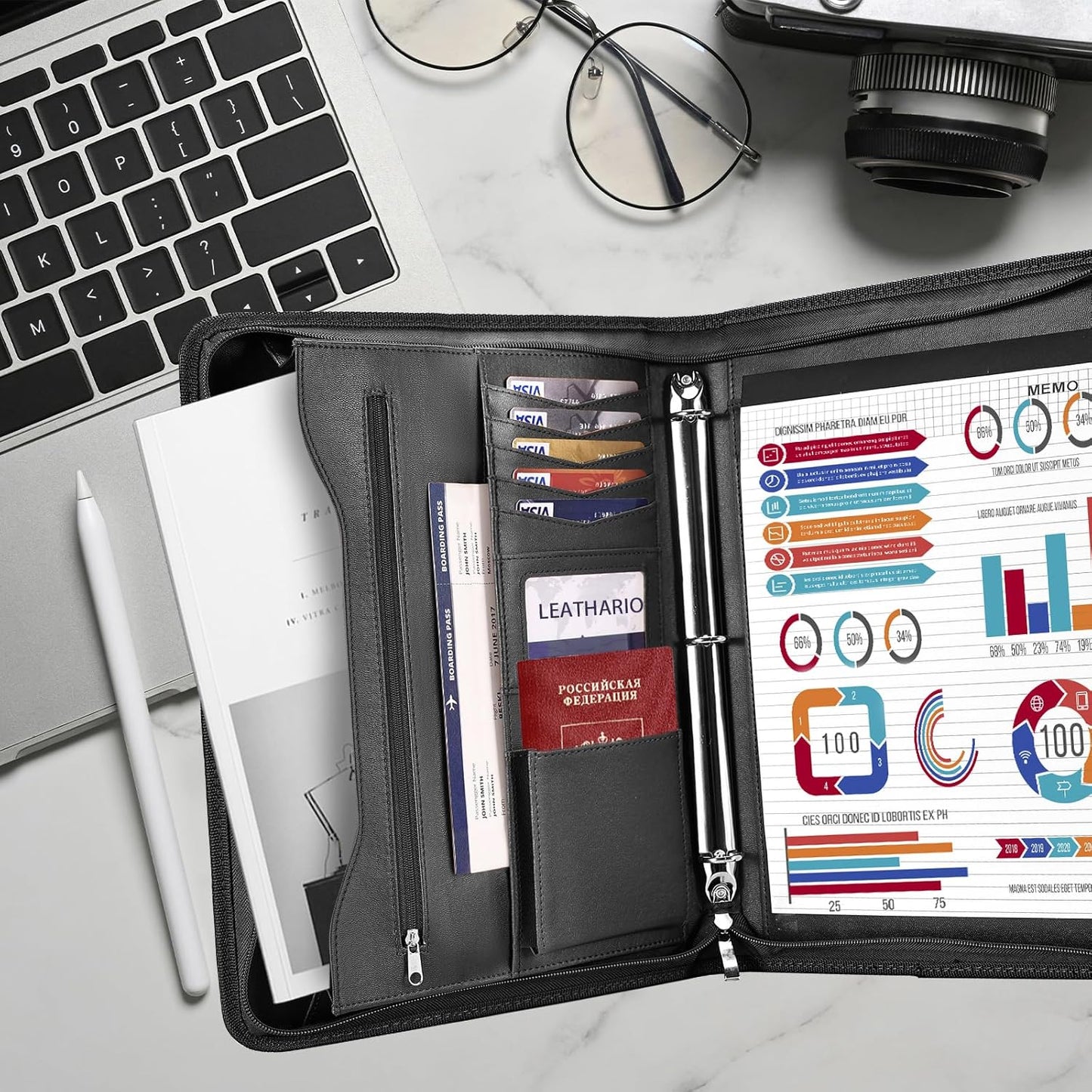 Leathario Portfolio Binder, Includes 10 Sheet Protectors and 3 Notepads, 3-Ring Folder Organizer, A4 Padfolio with Zipper, Vegan Leather Tablet Sleeve, Business Office Conference Clipboards