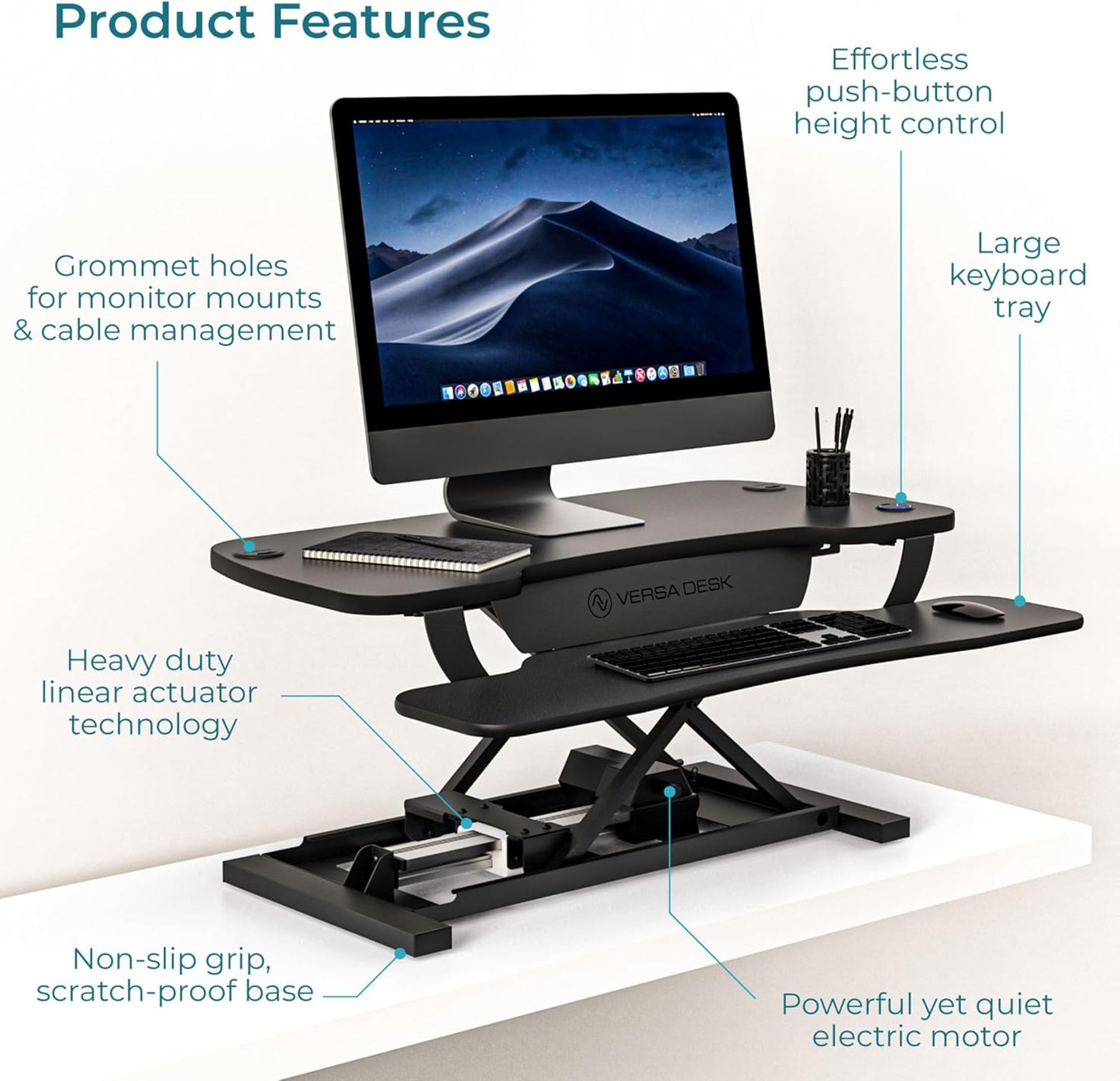 VERSADESK PowerPro™ 36 Inch Electric Standing Desk Converter, Height Adjustable Sit to Stand Up Desk Riser, Laptop and Dual Monitor Desktop Workstation with Wide Keyboard Tray and USB Port, Black