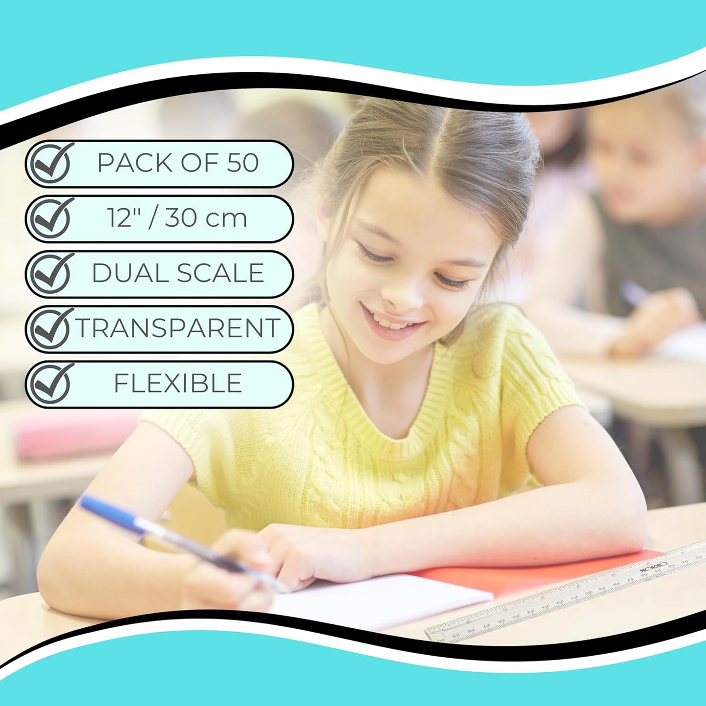 NOKKO Rulers Bulk for Classroom - Pack of 50 - Clear Plastic Ruler 12 Inch / 30 cm - Transparent School Ruler with Inches and Centimeters - Back to School Supplies for Kids, Students and Teachers