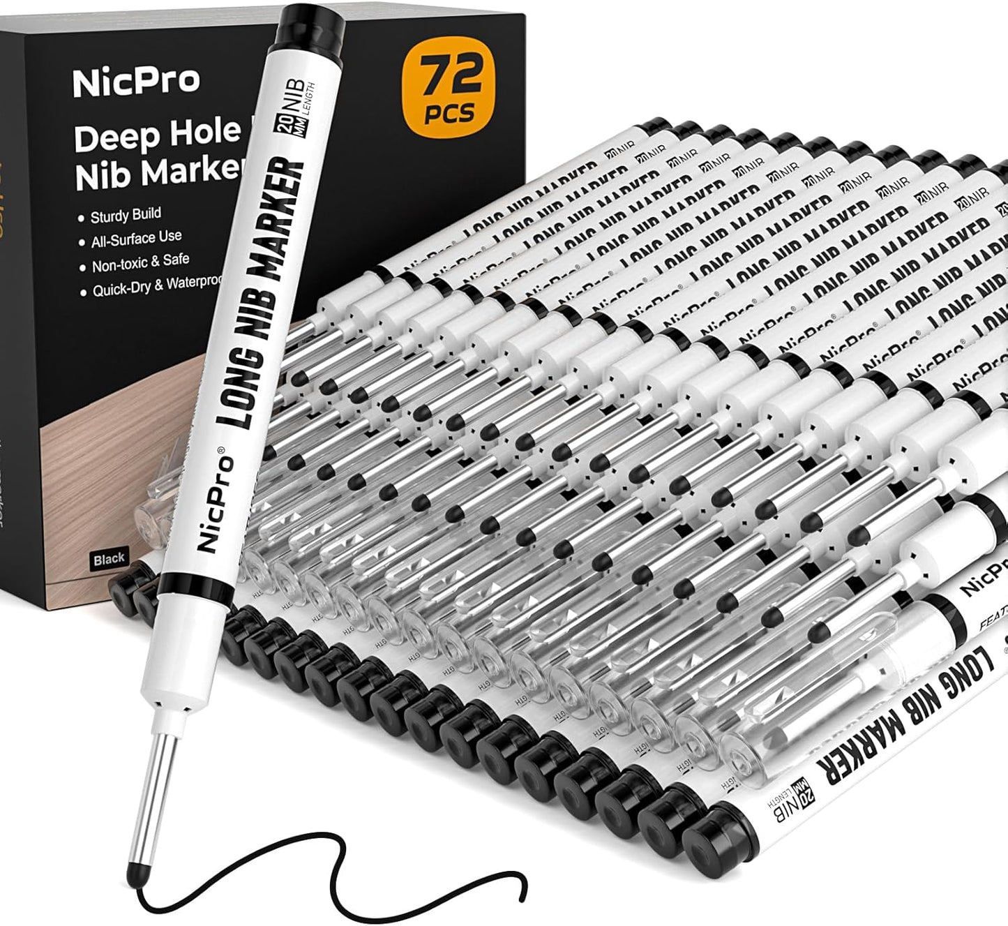 Nicpro 72 PCS Long Nib Marker Pens, 20mm Deep Hole Markers Bulk, Quick Dry & Waterproof Construction Marker, Long Head Mark Pens for Metal, Steel, Tile, Glass, Carpenter Marking Tool for Woodworking