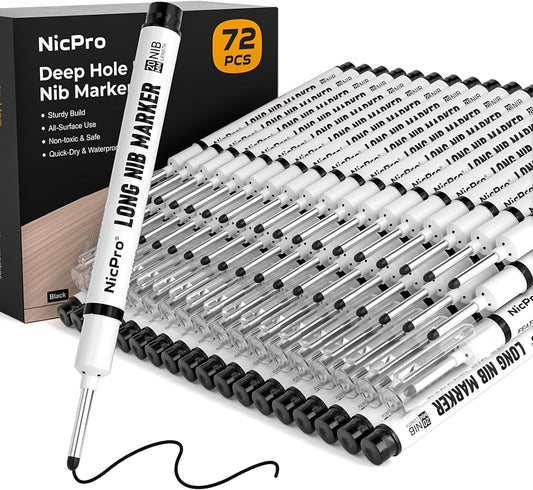 Nicpro 72 PCS Long Nib Marker Pens, 20mm Deep Hole Markers Bulk, Quick Dry & Waterproof Construction Marker, Long Head Mark Pens for Metal, Steel, Tile, Glass, Carpenter Marking Tool for Woodworking