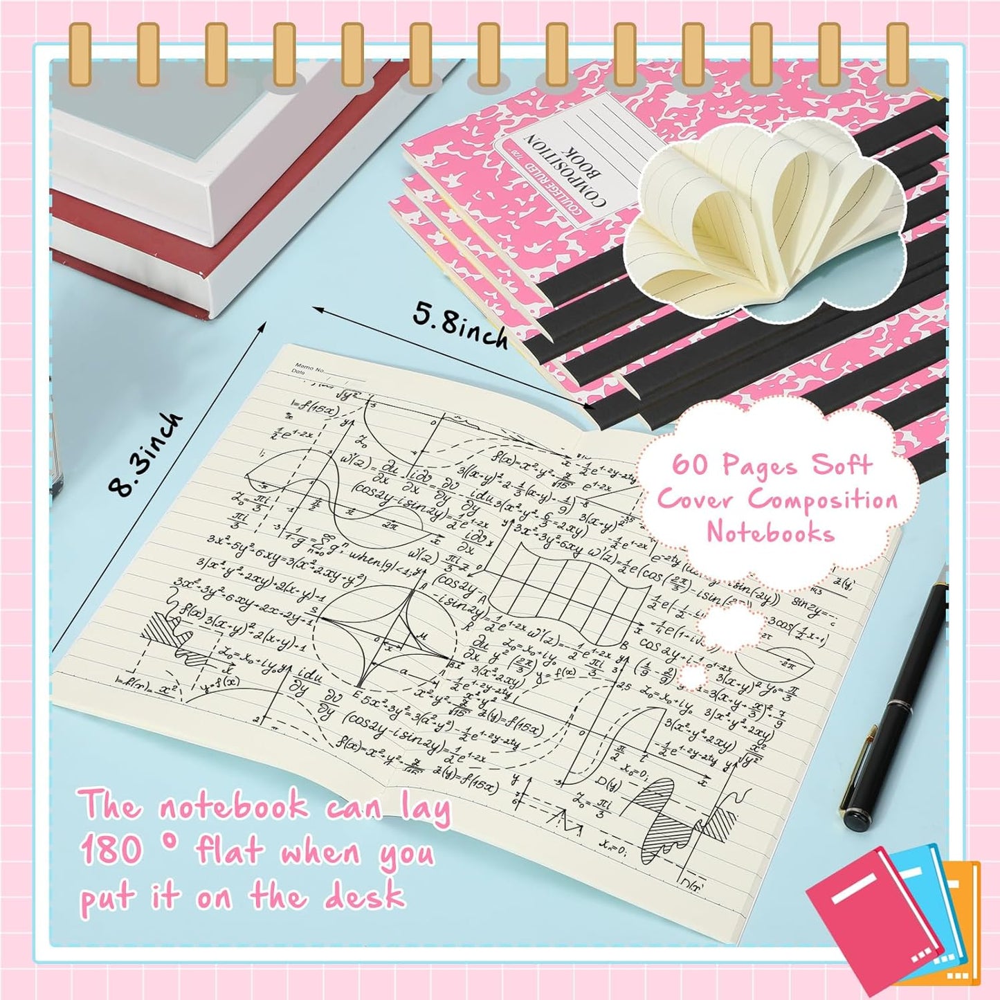 Fainne 100 Pack A5 Composition Notebooks Bulk College Ruled Composition Notebooks Marble Covers Notebook for Student Classroom Office Supplies 30 Sheet/60 Page(Pink)