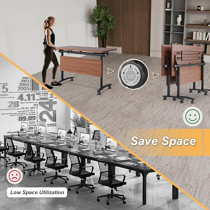 Conference Room Table with Silent Wheels, Mobile Folding Conference Table for 16 Person,Flip Top Office Training Tables with Walnuts Wood Tabletop, for School,Business Meeting Rooms (8Pack 47in)