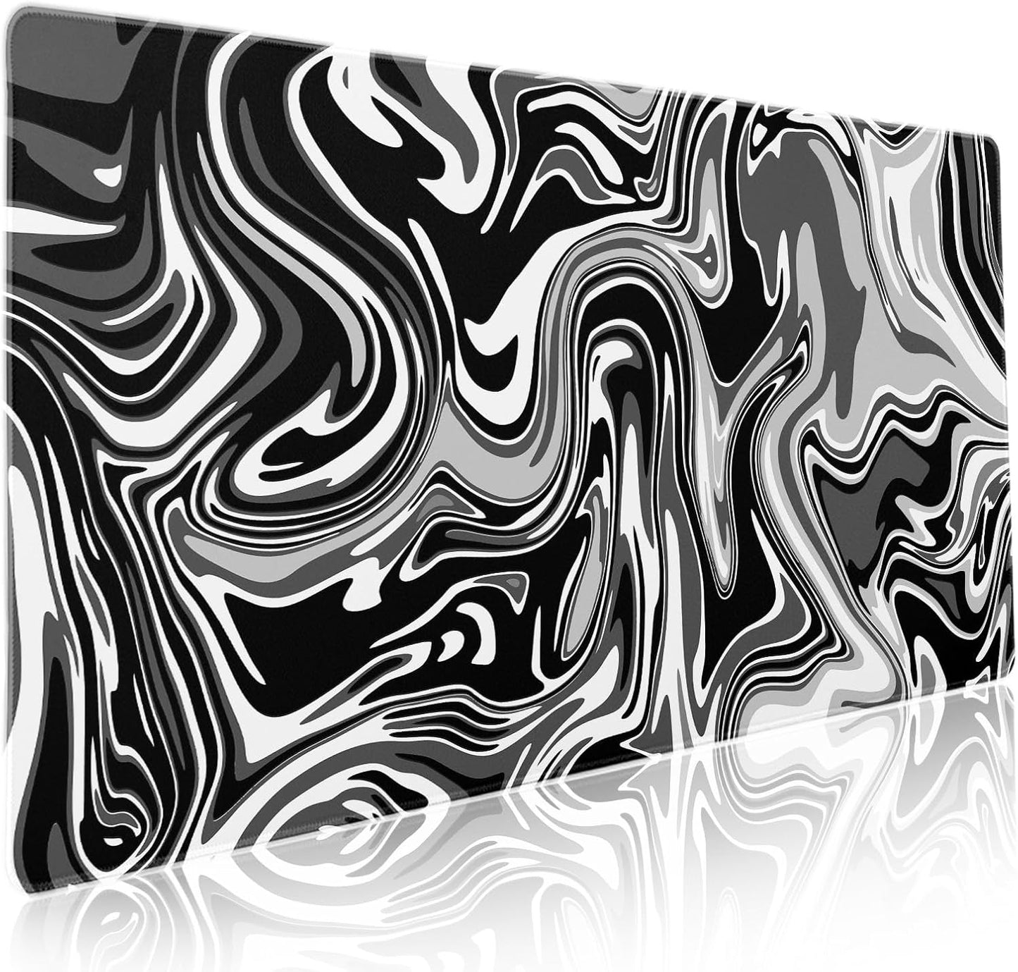 Black White Swirl Gaming Mouse Pad XXL Gray Marble Grey Fluid Design Extended Large Mouse Pad Big Desk Mat Non-Slip Rubber Base Stitched Edge Long Mousepad for Desktop Office Desk, 35.4 x 15.7 in