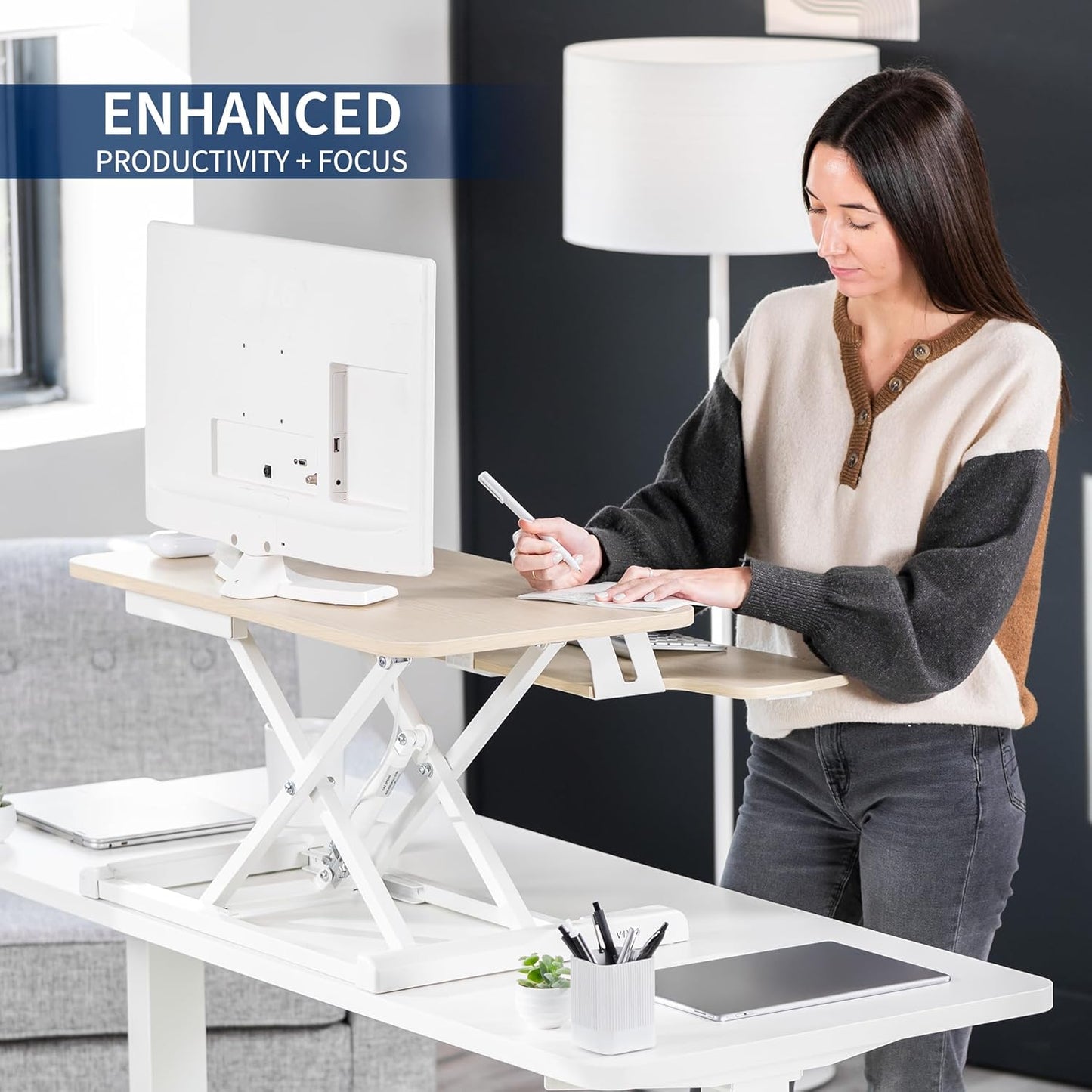 VIVO 28 inch Desk Converter, K Series, Height Adjustable Sit to Stand Riser, Dual Monitor and Laptop Workstation with Keyboard Tray, Light Wood Top, White Frame, DESK-V028KF