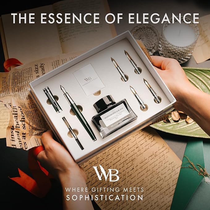 Wordsworth & Black Fountain Pen Gift Set, Includes Bottle, 6 Cartridges, Refill Converter, 4 Replacement Nibs, Premium Package, Journaling, Calligraphy, Smooth Writing Pens [Green Chrome]