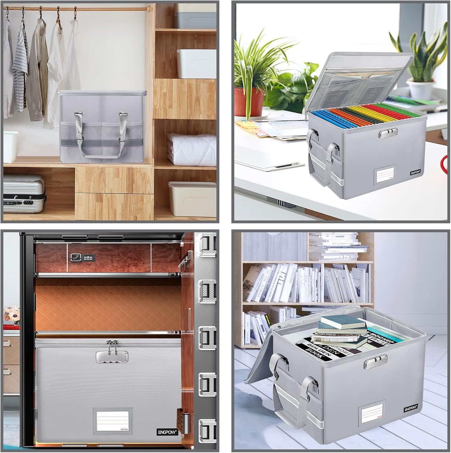 ENGPOW File Box with Lock, Fireproof Document Box with Pockets, Collapsible File Organizer Filing Storage Cabinet with Handle, Portable Home Office Safe for Hanging Letter/Legal Folders,Silver,2 Pack