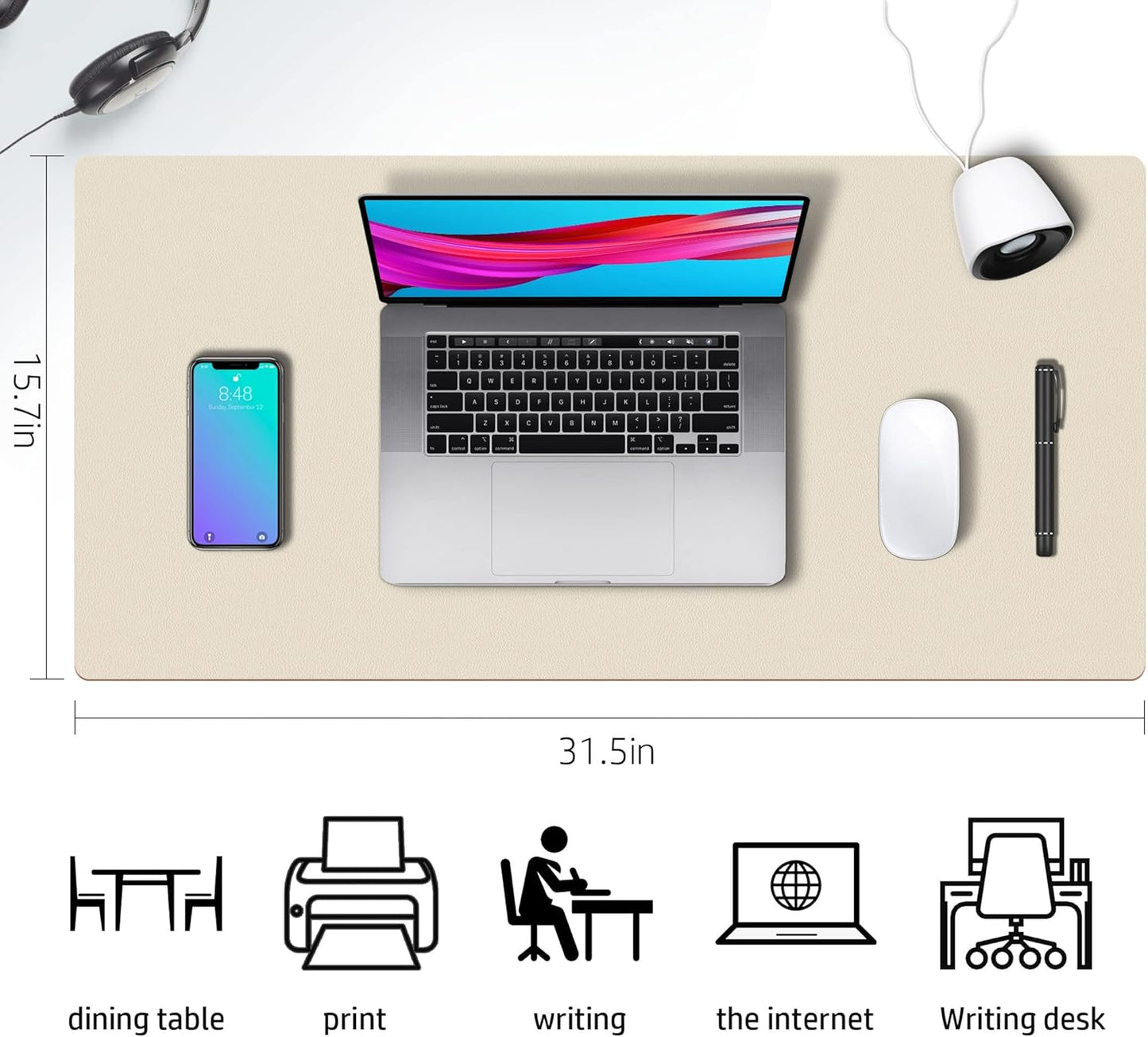 Aothia Double-Sided PU Leather Desk Pad - Non-Slip Large Mouse Pad & Desk Mat for Office, Home - Waterproof, Easy to Clean, Durable Dual-Sided Surface (31.5" x 15.7", Beige)