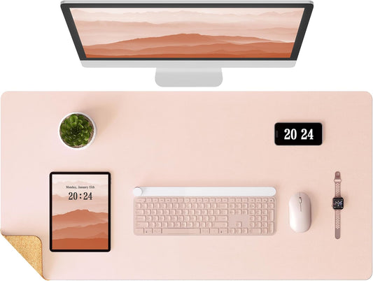 Aothia Double-Sided Desk Pad – 25.6"x13.7" Large Mouse Pad, Leather Desk Mat with Eco Cork Protector, Waterproof Desk Blotter for Office/Home (Pink)